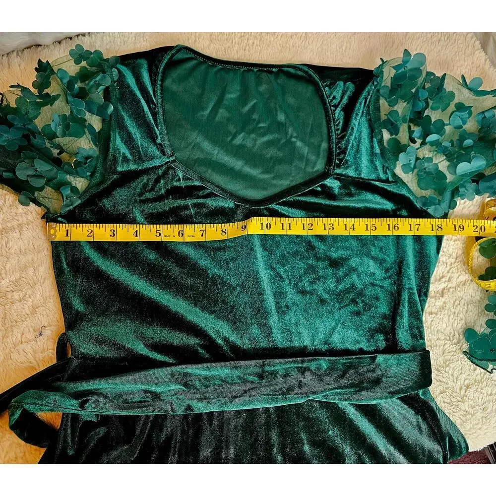 Velvet Holiday Maxi‎ L Dress Forest Green. 3D sheer floral Sleeve. Events Party